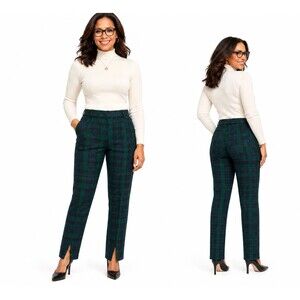 J. McLaughlin Deanne Tarrytown Green Navy Blue Plaid Preppy Pants w/Slit Size 4